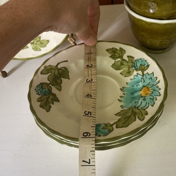 Vintage Vernon Ware by Metlox Olive Green & Blue Cups and Saucers, Set of 4 - Picture 9 of 11